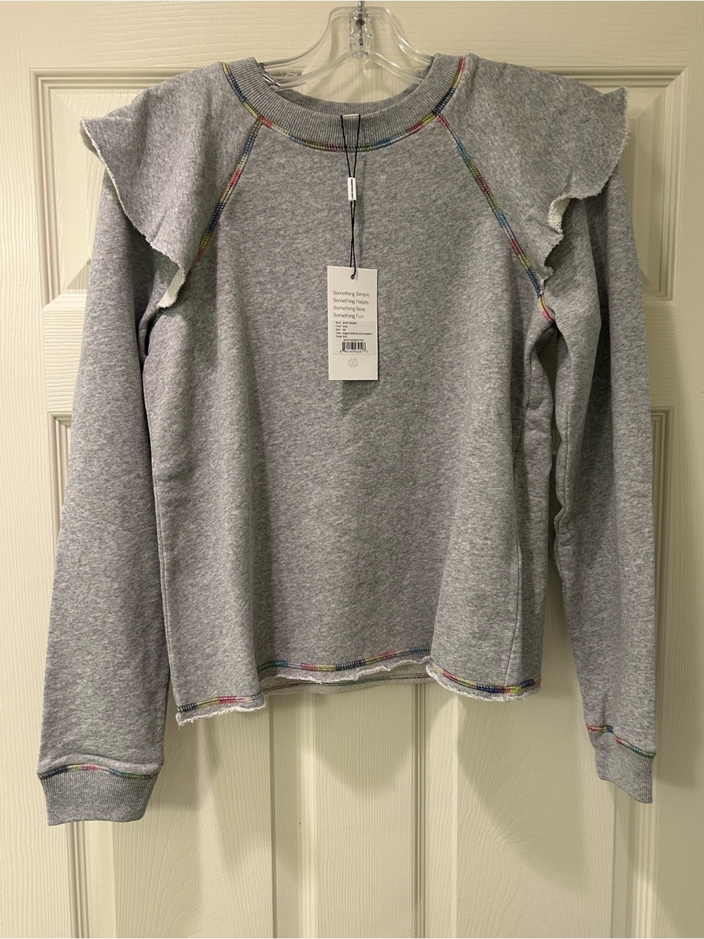 Something Navy Gray Ruffle-Shoulder Sweatshirt with Rainbow Stitching